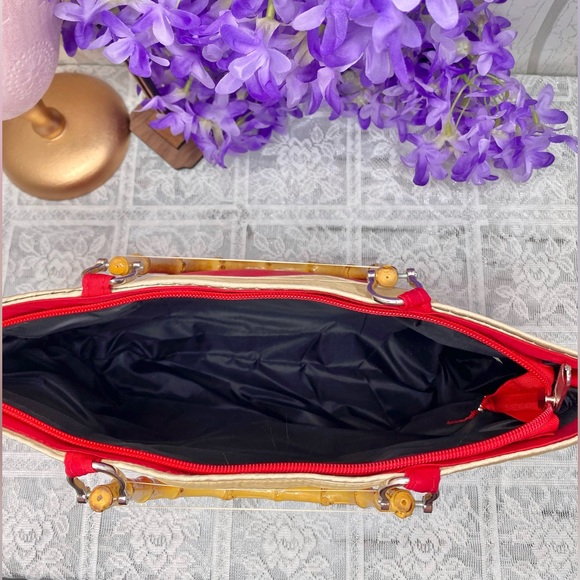 🌹 Fibonacci Sun Embroidery Red & Gold Satin Handbag with Bamboo Handles 🌹 NWT - Picture 3 of 6
